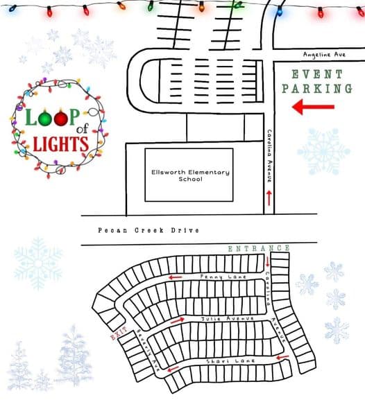 Official Loop of Lights walking map: park at Ellsworth Elementary, enter south on Carolina Avenue, follow Penny Lane, Beverly, Julie, and Shari Lane